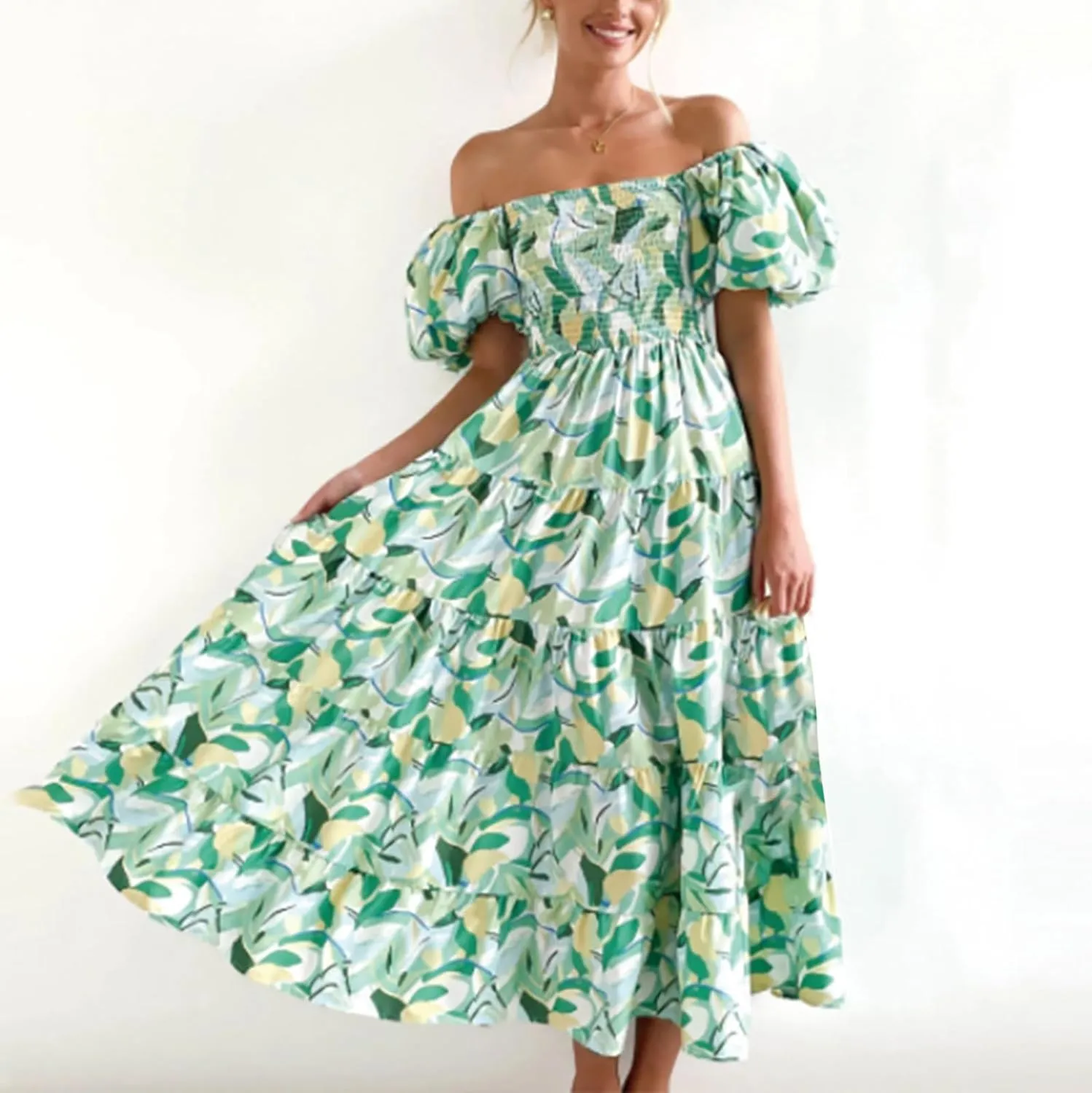 ZYXTIM Womens Off The Shoulder Summer Dresses Floral Printed Short Puff Sleeve Smocked Casual Dress Boho Beach Long Dresses